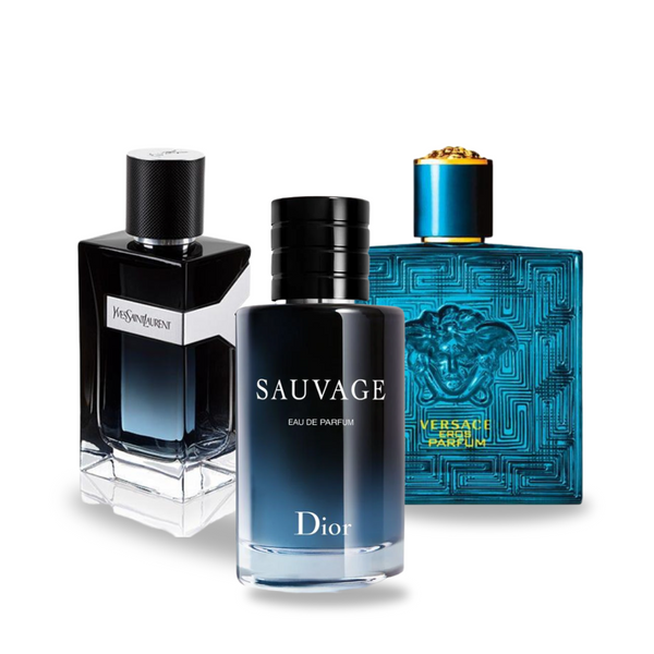 Pachet promoțional de 3 Parfumuri Dior SAUVAGE, Yves Saint Laurent Y MEN și Versace EROS 100ml